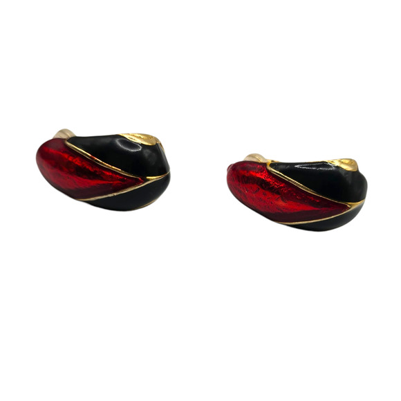 Clip On Earrings Red Black Enamel Gold Tone Abstract Retro Bold SKU2402 - Picture 3 of 5